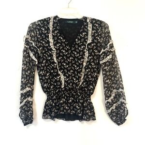 Lauren Ralph lauren Black sheer floral peasant top women's‎ small